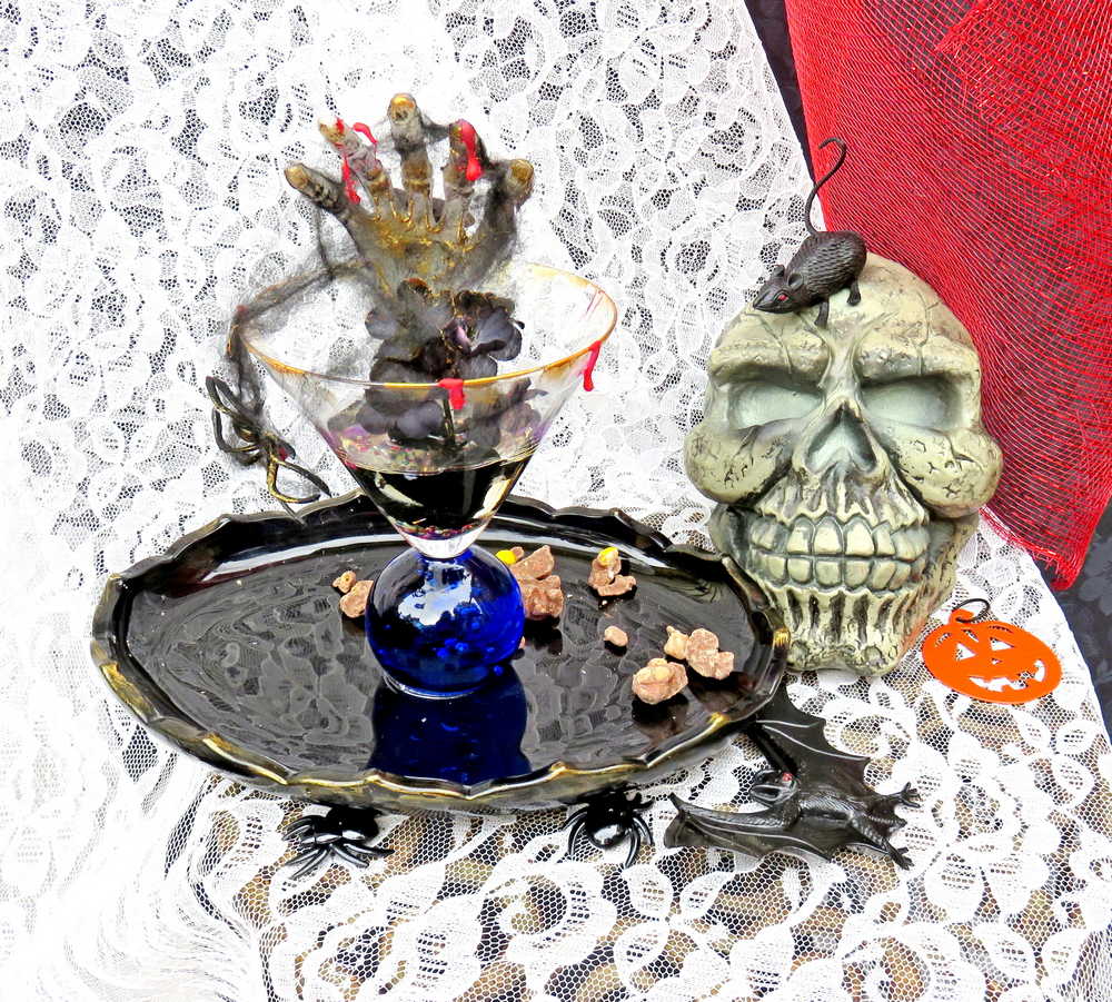 Creepy, Ghostly, Candy Dish, with Skeleton Hand in Resin, Blue Glass