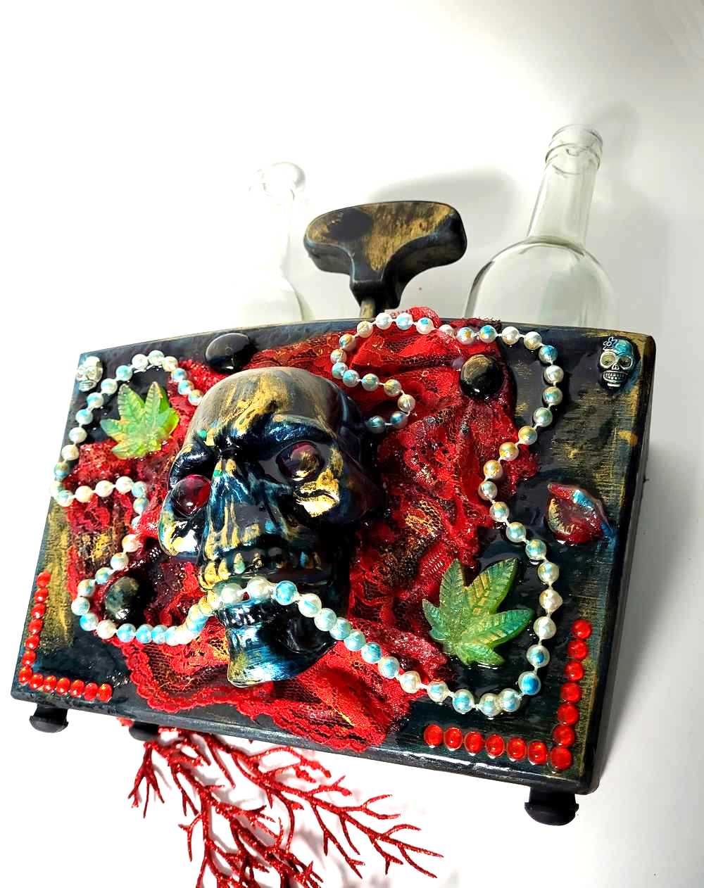 Double Wooden Wine Box, Carrier, Holds 2-750ml Bottles, With Skull and Red Lace