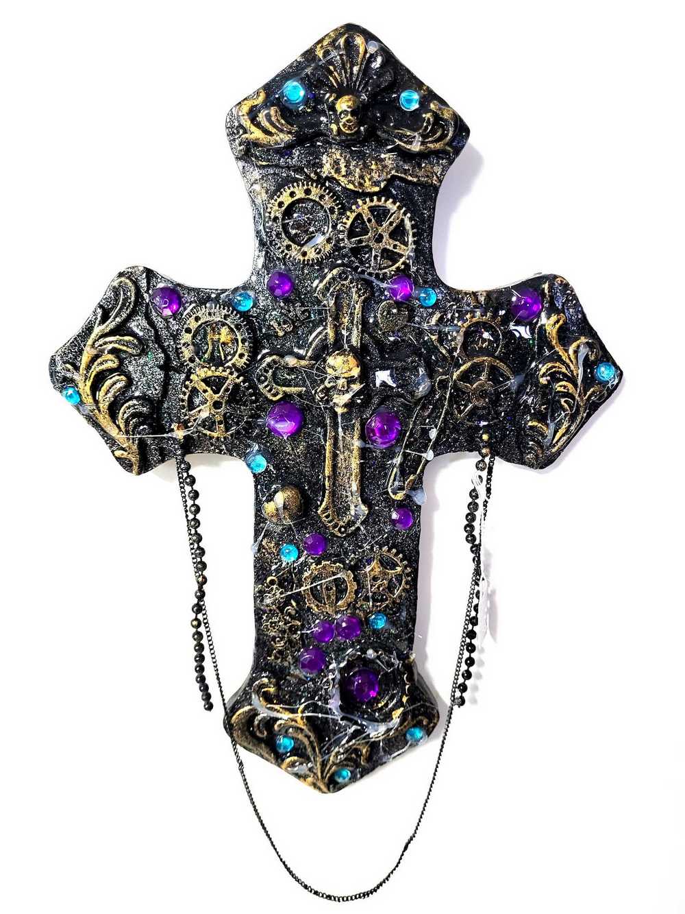 Altered Cross Made of Plaster with Skulls, Gears and Chains