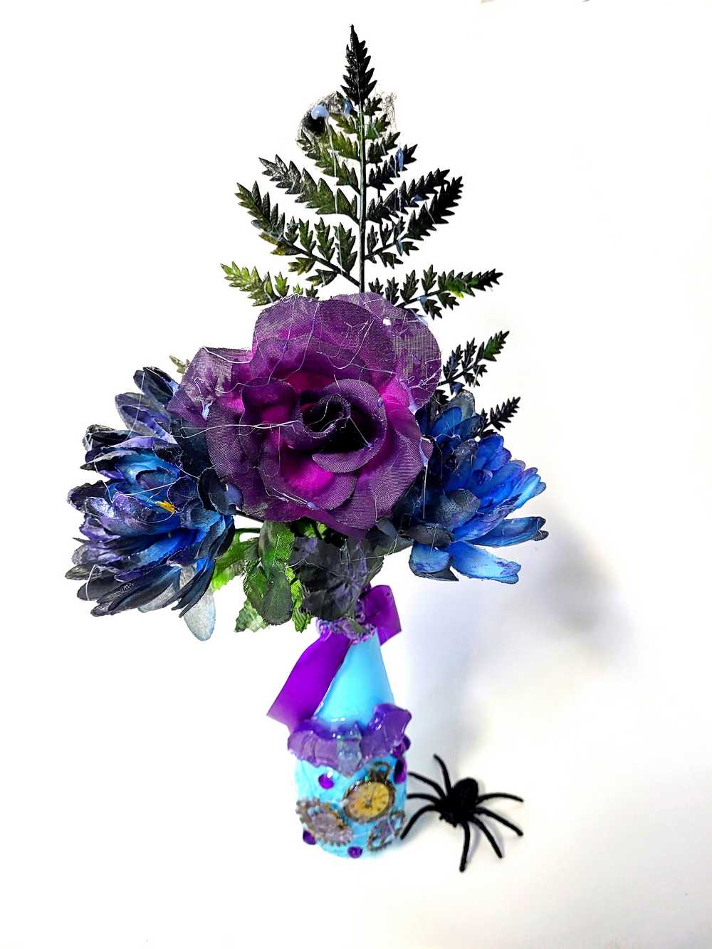 Teal Glass Vase with Skull, Purple Rose and Gears