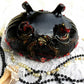 Altered Black Glass Bowl with Pedestal Feet and Scalloped Edge