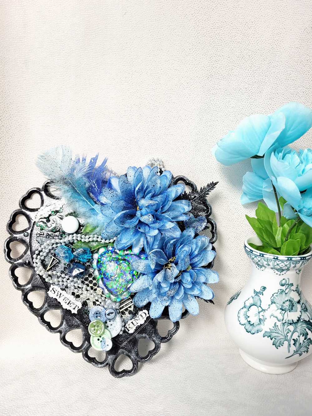 Wooden Heart Wall Decor with Lattice Heart Cut Outs, Blue Flowers