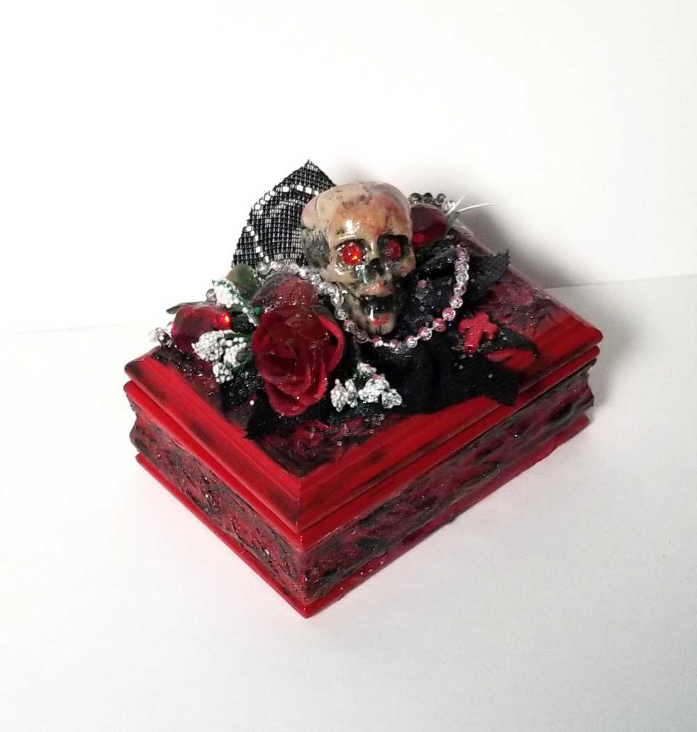 Small Red and Black Jewelry Box with a Skull and a Red Rose