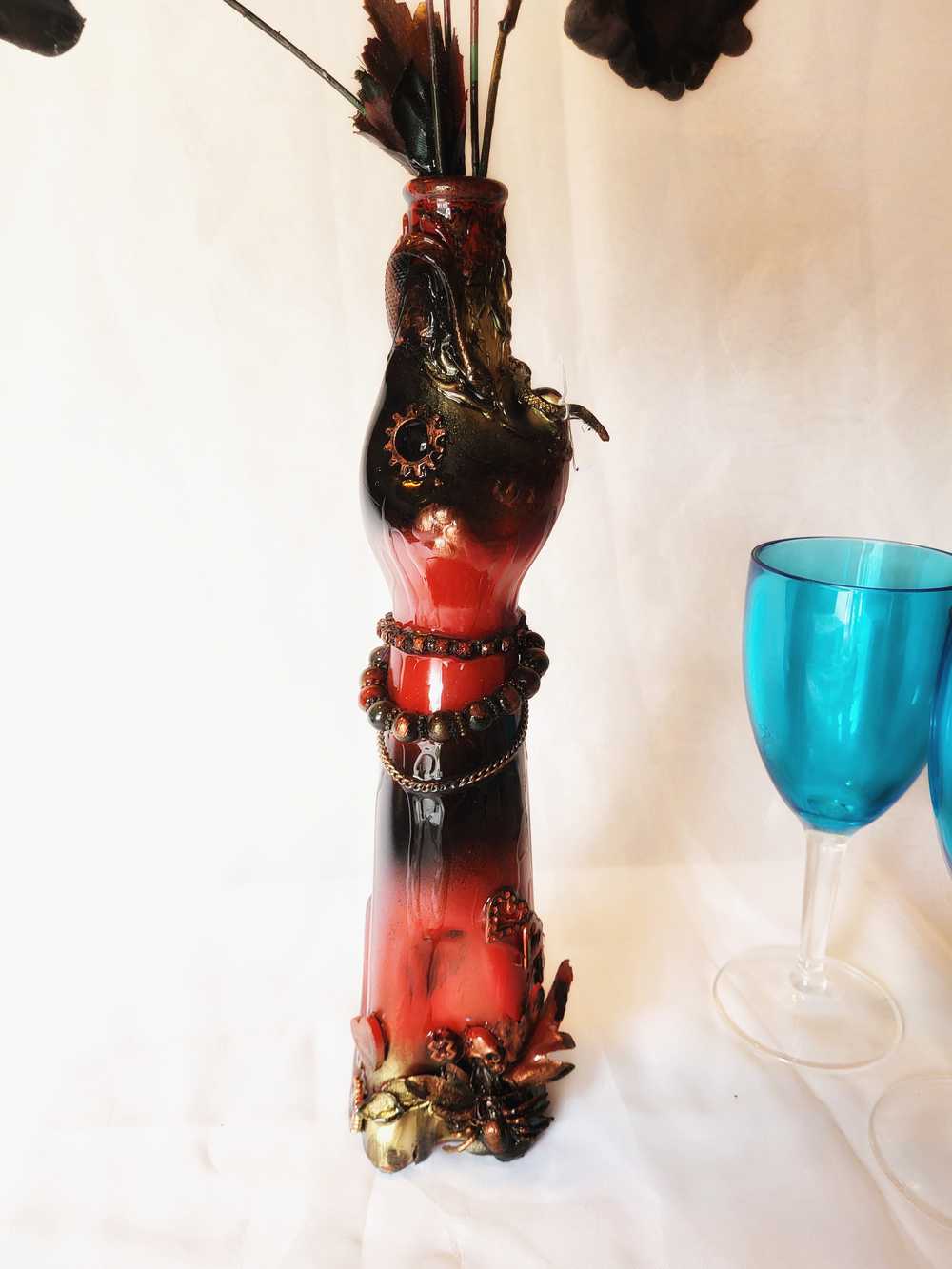 Glass Cat Vase, Red and Black Flowers with Skull and Snake