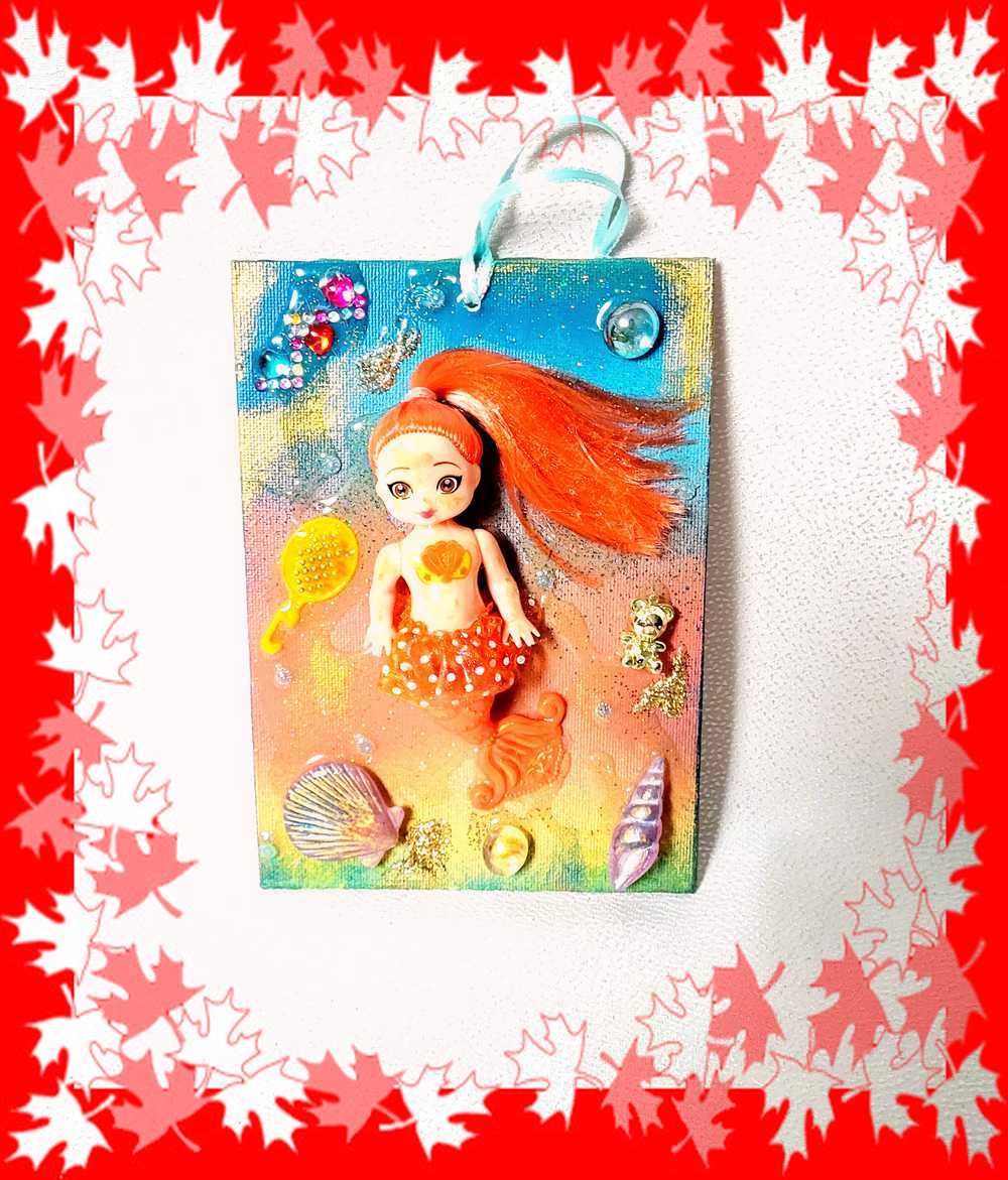 18L x 13W Orange Haired Mermaid Doll on Canvas, Art for The Kid's Room