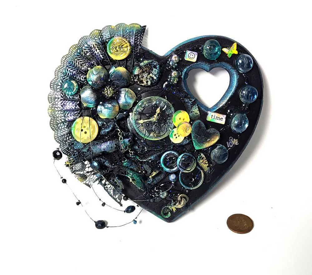 Wall Decor Wooden Heart Plaque with Teal, Yellow and Black, Punk Design