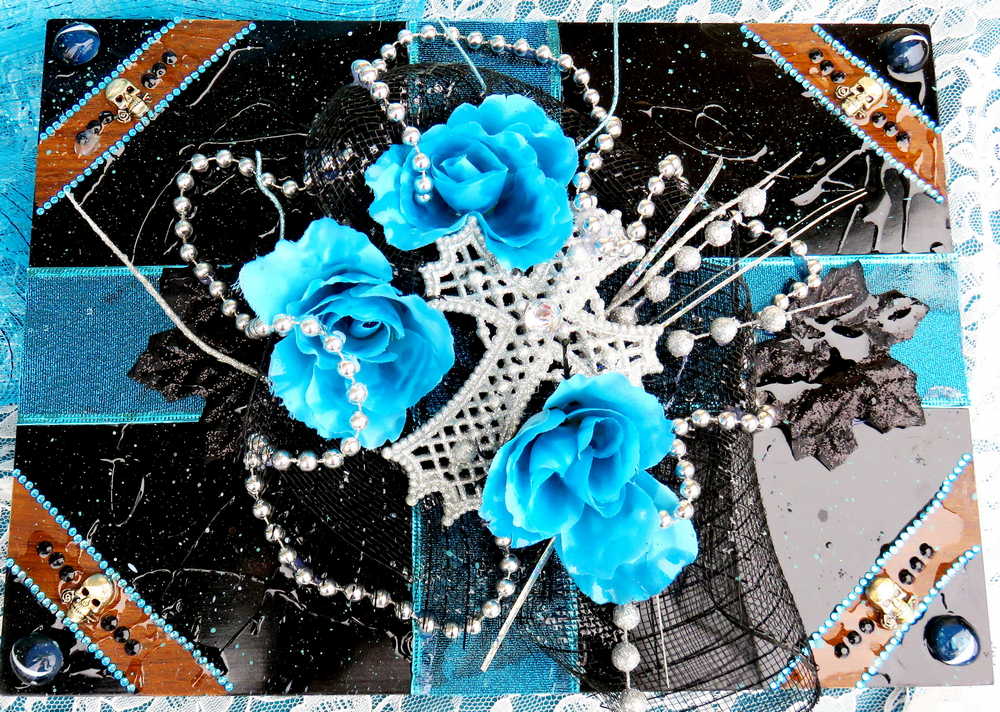 Black and Teal Jewelry Box with  3D Teal Roses, a White Cross and Skull Charms