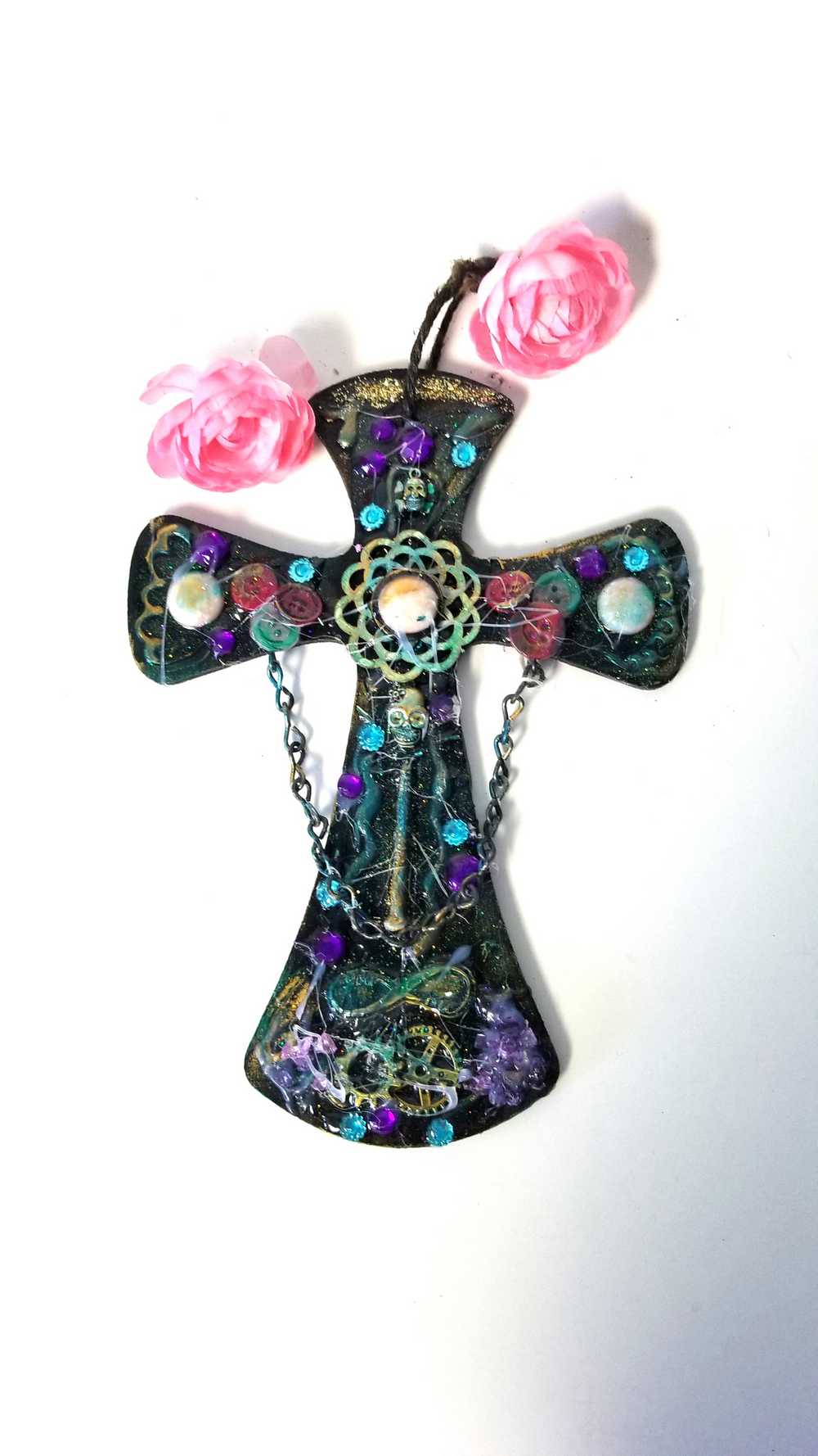 Wooden Cross with Chains, Buttons, Rhinestones, Gears and Skulls