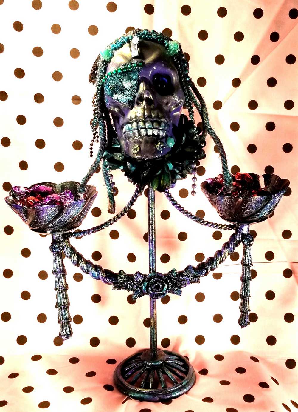 Purple Skull on Decorative Stand with Two Glass Candy Dishes