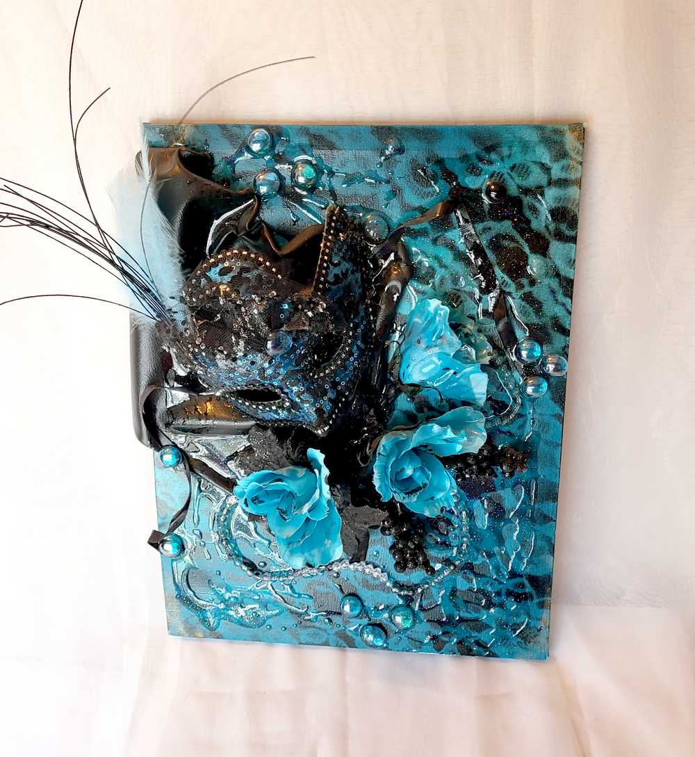 3D Canvas Art with Sexy Teal Blue Mask and Teal Blue Roses, 30 x 40 x 15 cm