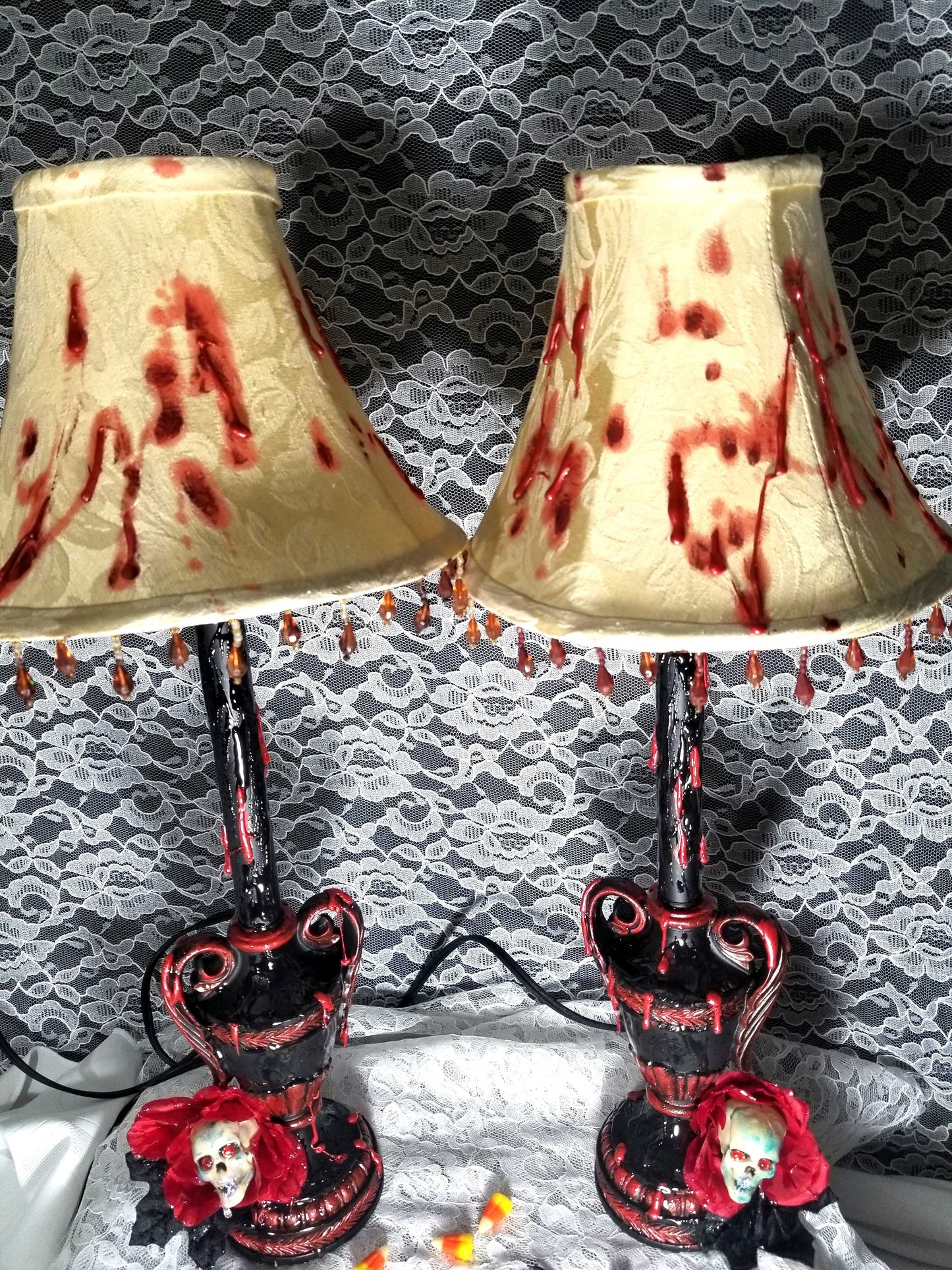 2 Lamps with Fake Blood Splattered on Lamp Shade, Skull Head in a Red Rose