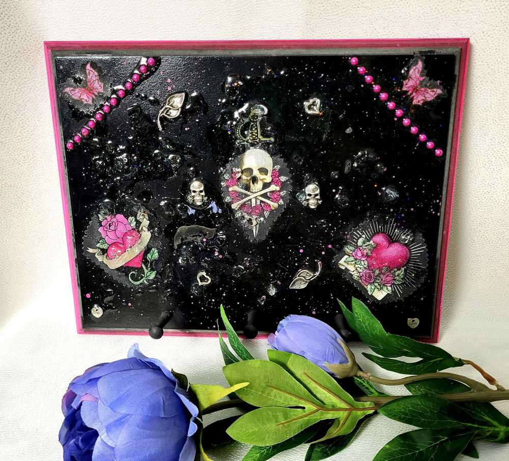 Black Goth Wall Plaque with a Skull with a Sword, Glass and Pink Butterflies