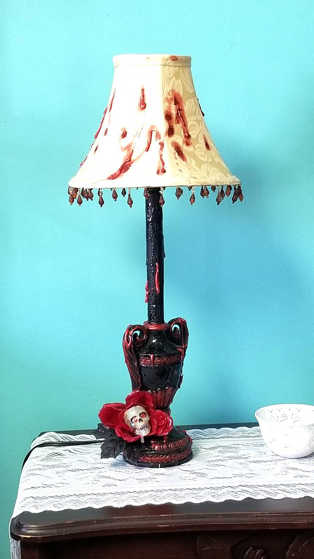 2 Lamps with Fake Blood Splattered on Lamp Shade, Skull Head in a Red Rose