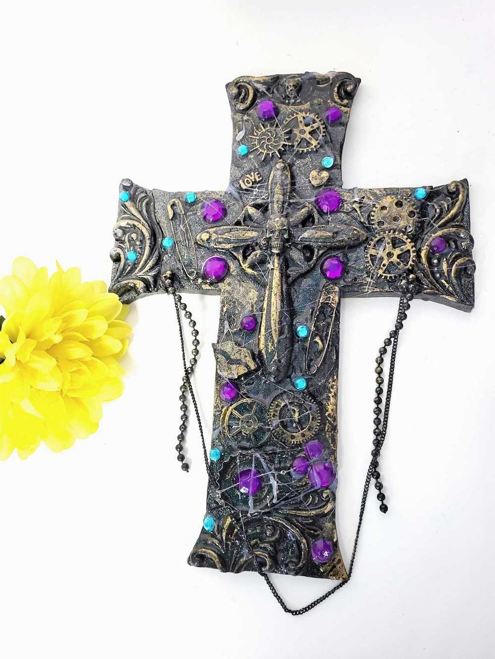 Black Cross With Skulls and Gears in Purple and Teal Rhinestones