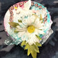 Recycled Round Jewelry Box with a Flying Pink Unicorn and a Daisy