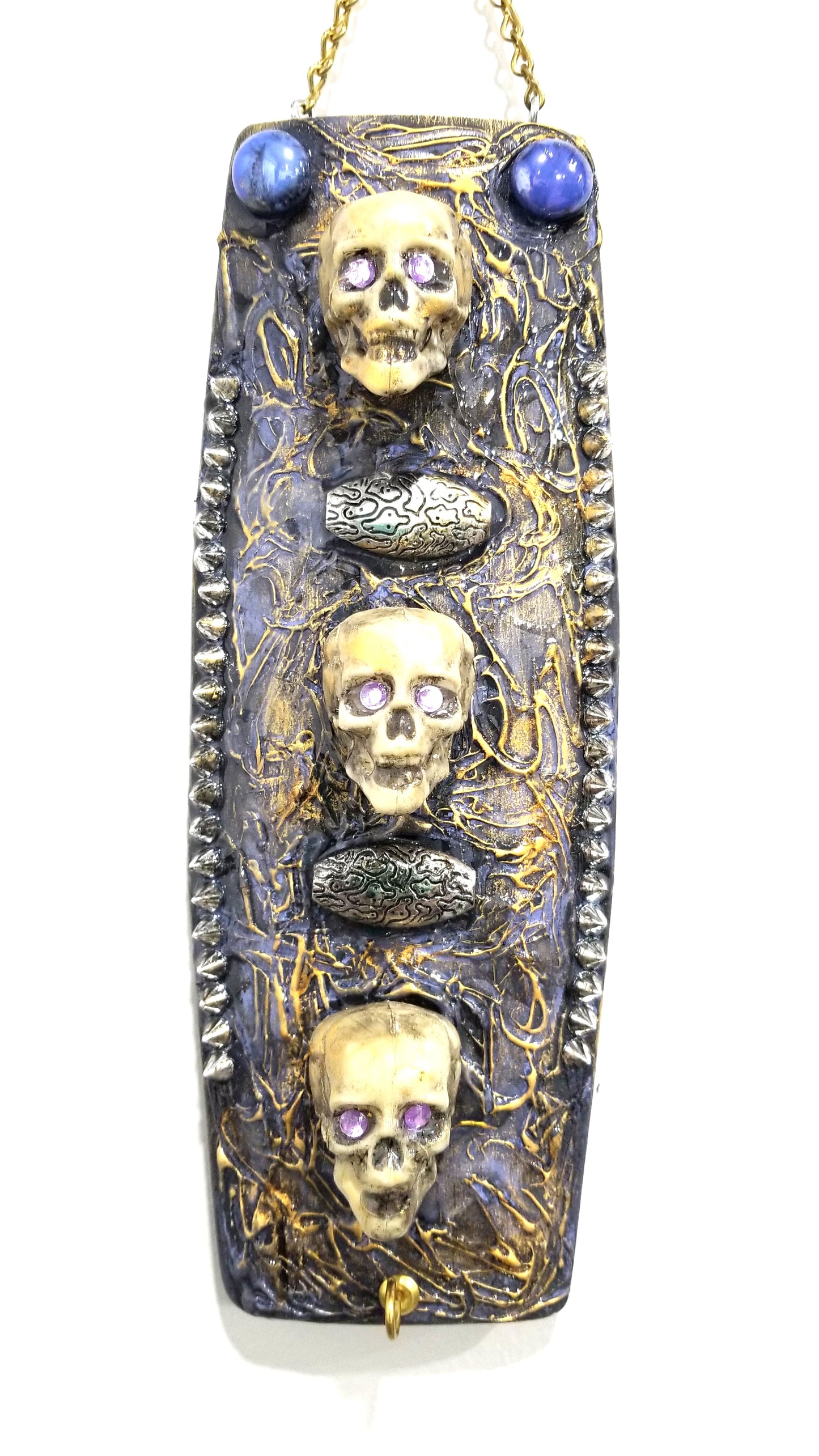 3 Skulls on a Studded Textured Wall Plaque, Home Decor, Punk Art