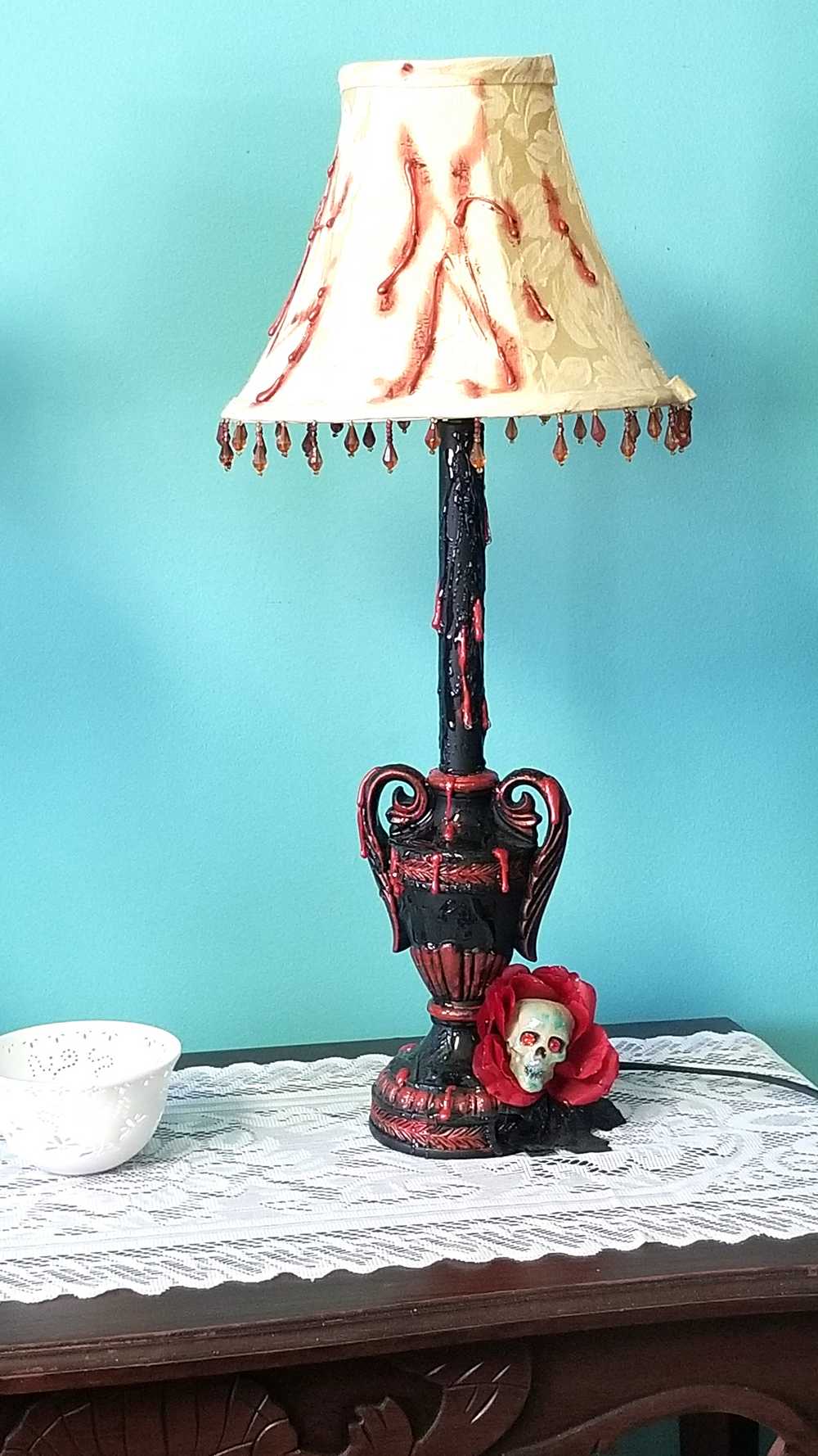 2 Lamps with Fake Blood Splattered on Lamp Shade, Skull Head in a Red Rose