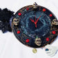 Round 31 cm Black Goth Clock with 4 Skulls and Red Cabochons for Numbers