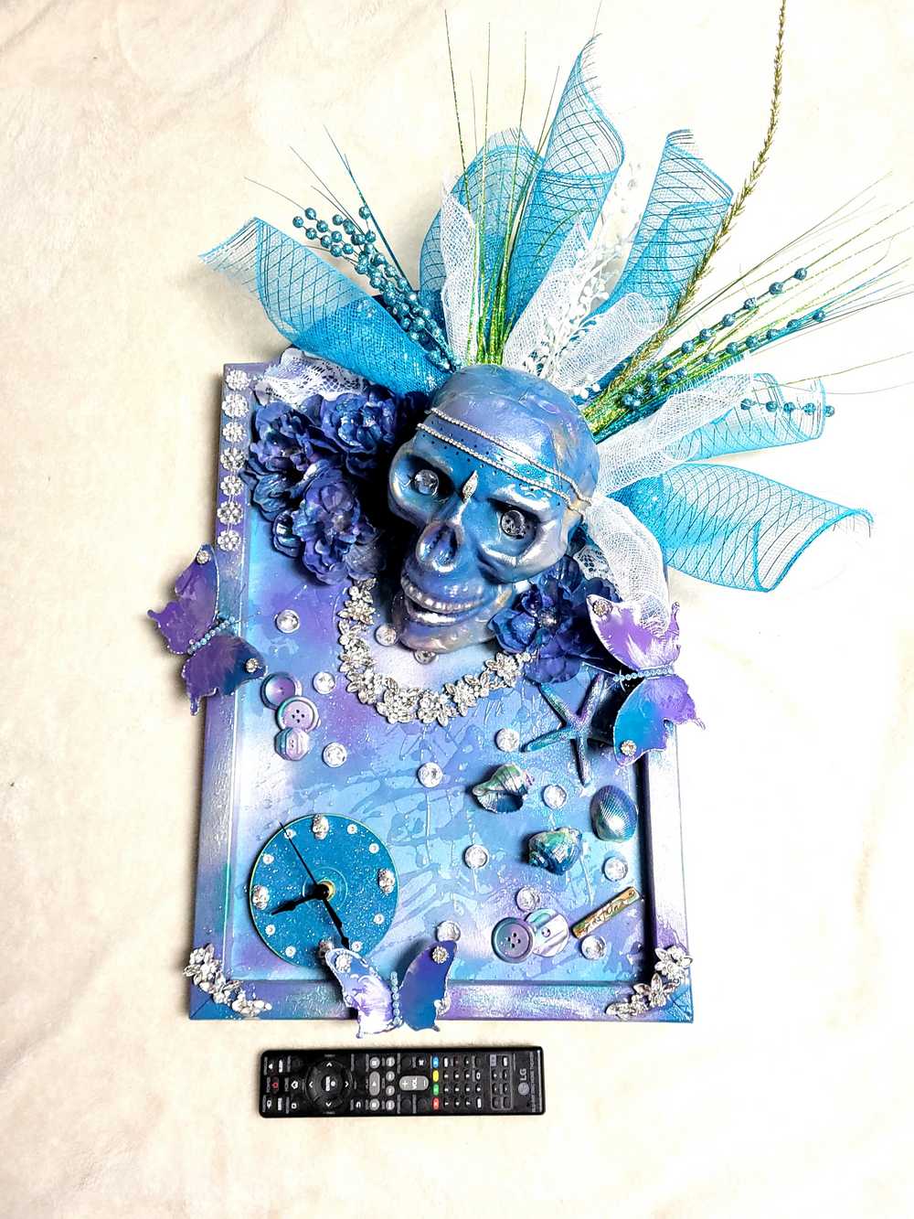 Large Teal Wood Clock with Skull and all Her Jewels, with Lights