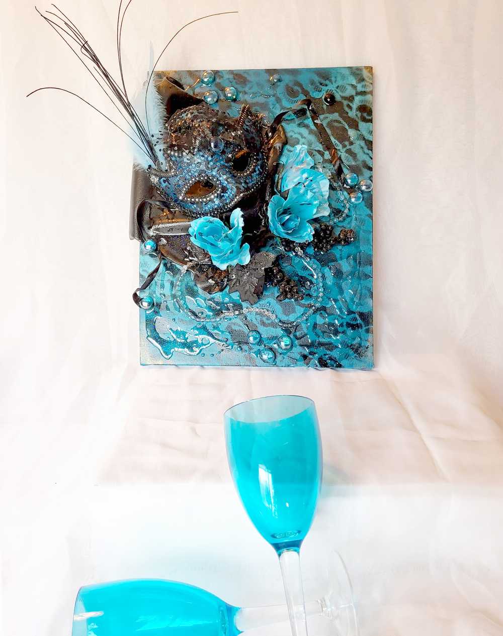 3D Canvas Art with Sexy Teal Blue Mask and Teal Blue Roses, 30 x 40 x 15 cm