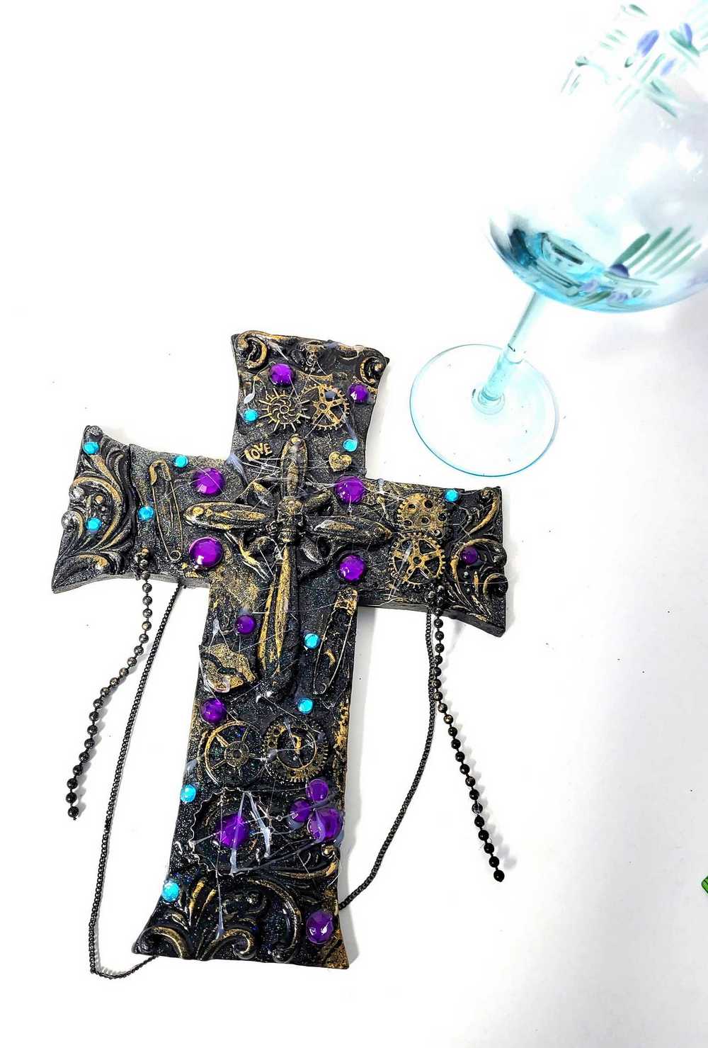 Black Cross With Skulls and Gears in Purple and Teal Rhinestones