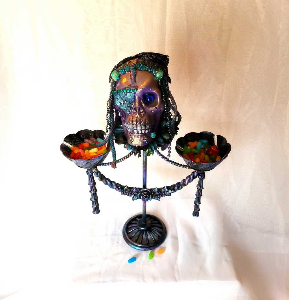 Purple Skull on Decorative Stand with Two Glass Candy Dishes