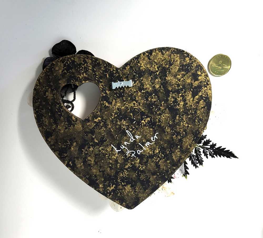 Wooden Heart Wall Plaque, Black and White Flowers, Gold Colored Chains and Paper