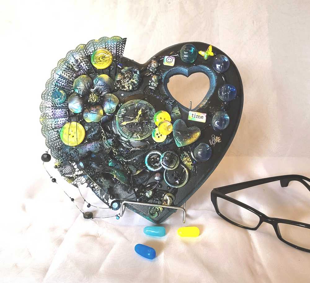 Wall Decor Wooden Heart Plaque with Teal, Yellow and Black, Punk Design