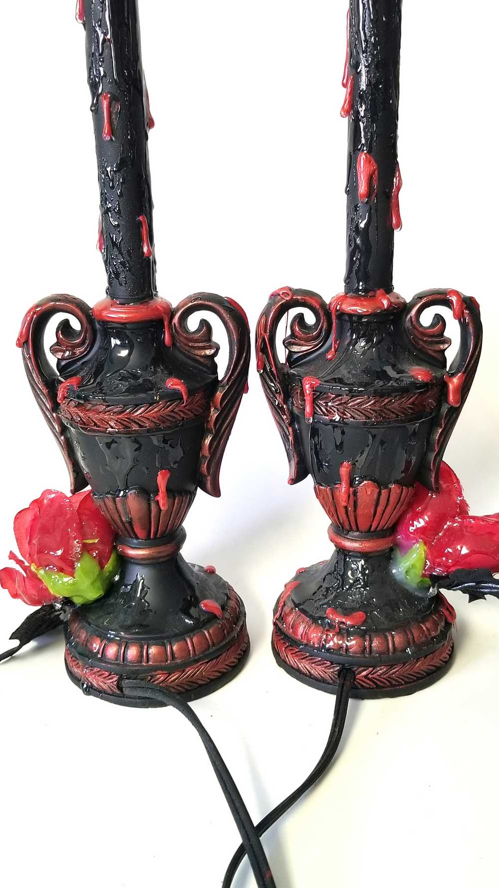 2 Lamps with Fake Blood Splattered on Lamp Shade, Skull Head in a Red Rose