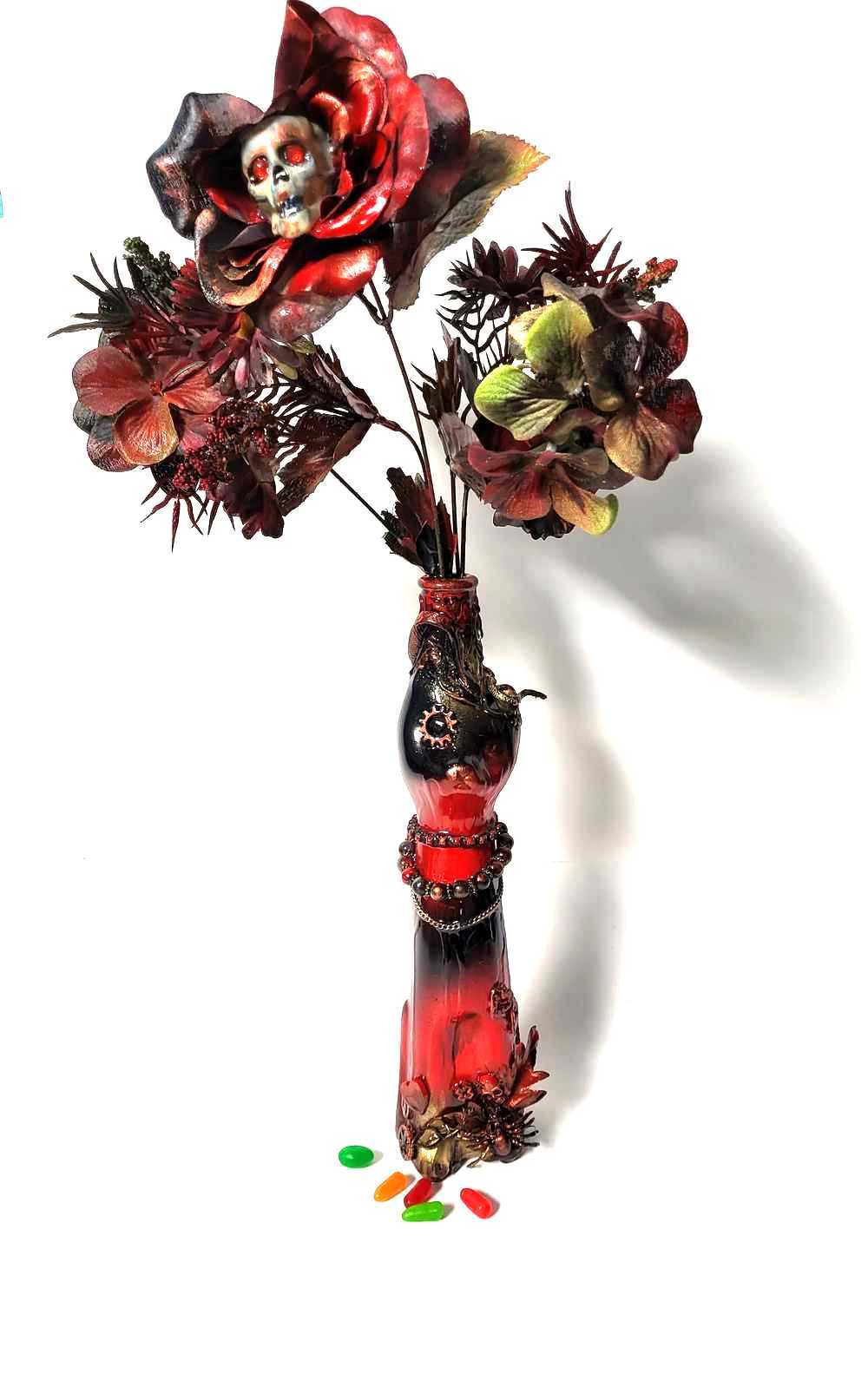 Glass Cat Vase, Red and Black Flowers with Skull and Snake