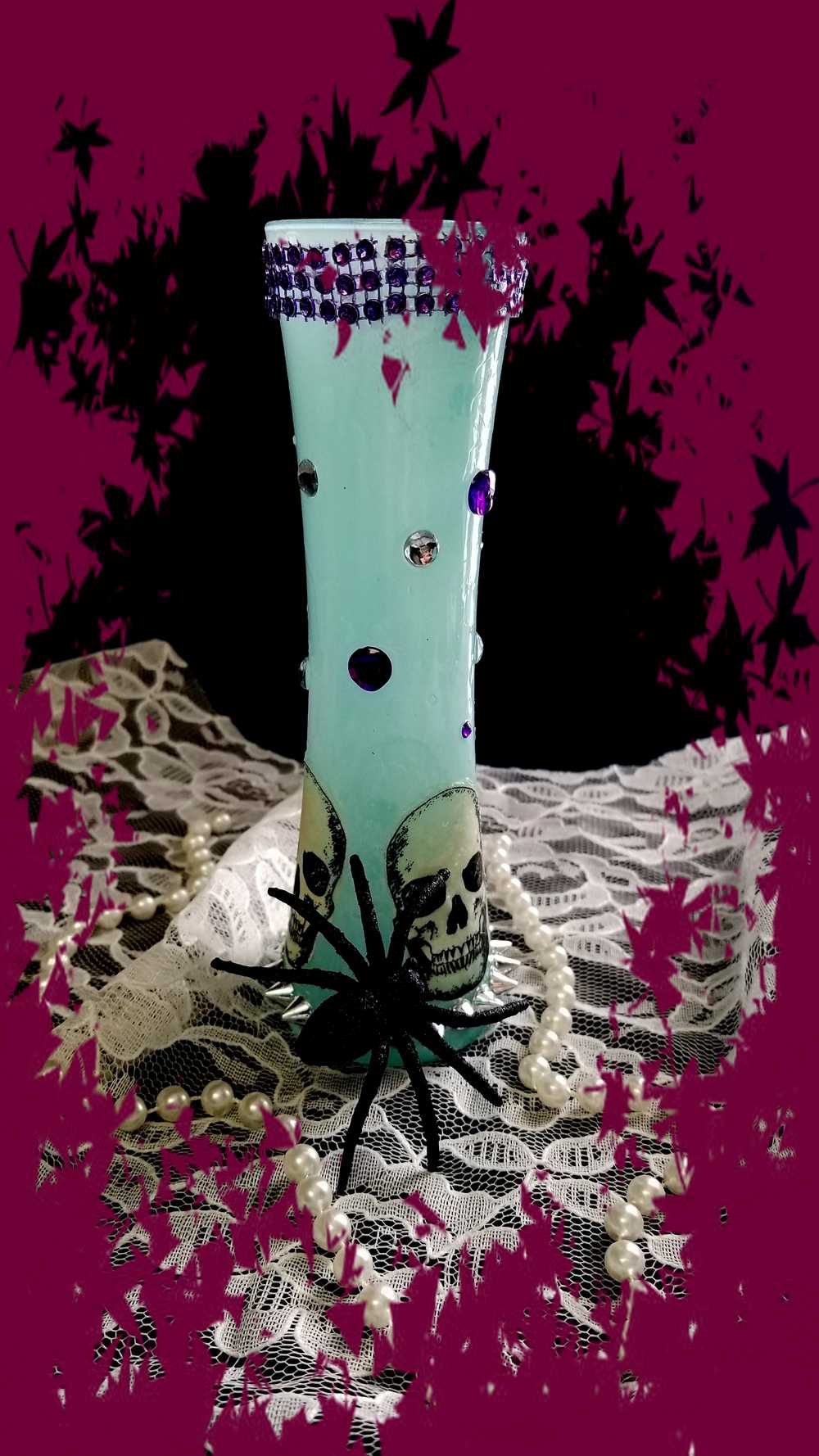 19 cm Tall Teal Colored Glass Vase with Skulls, Spikes and Resin