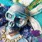 Large Teal Wood Clock with Skull and all Her Jewels, with Lights