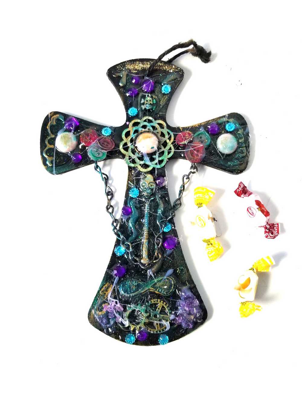 Wooden Cross with Chains, Buttons, Rhinestones, Gears and Skulls