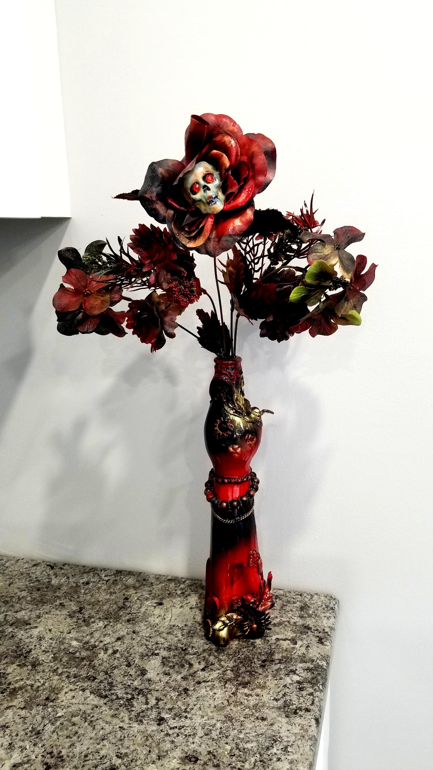 Glass Cat Vase, Red and Black Flowers with Skull and Snake