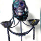 Purple Skull on Decorative Stand with Two Glass Candy Dishes