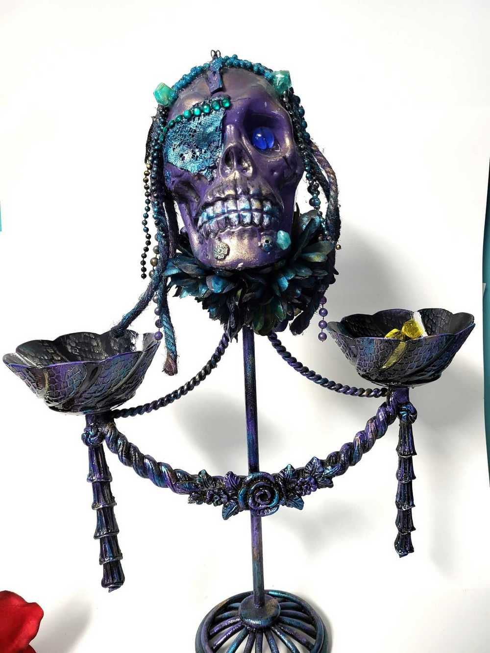 Purple Skull on Decorative Stand with Two Glass Candy Dishes