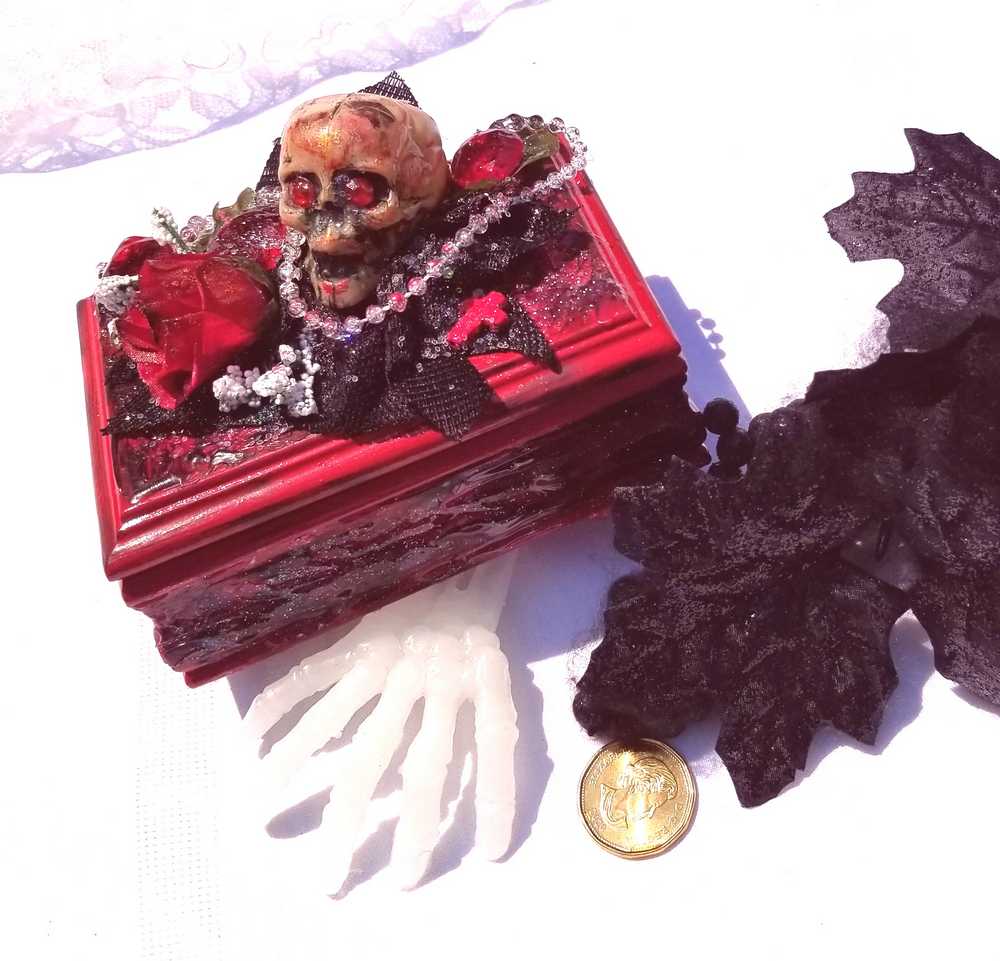 Small Red and Black Jewelry Box with a Skull and a Red Rose