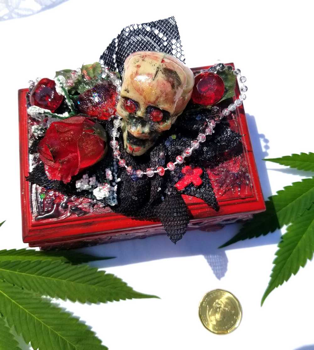 Small Red and Black Jewelry Box with a Skull and a Red Rose