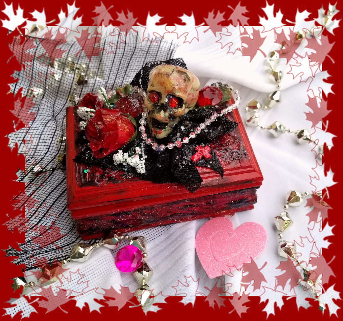 Small Red and Black Jewelry Box with a Skull and a Red Rose