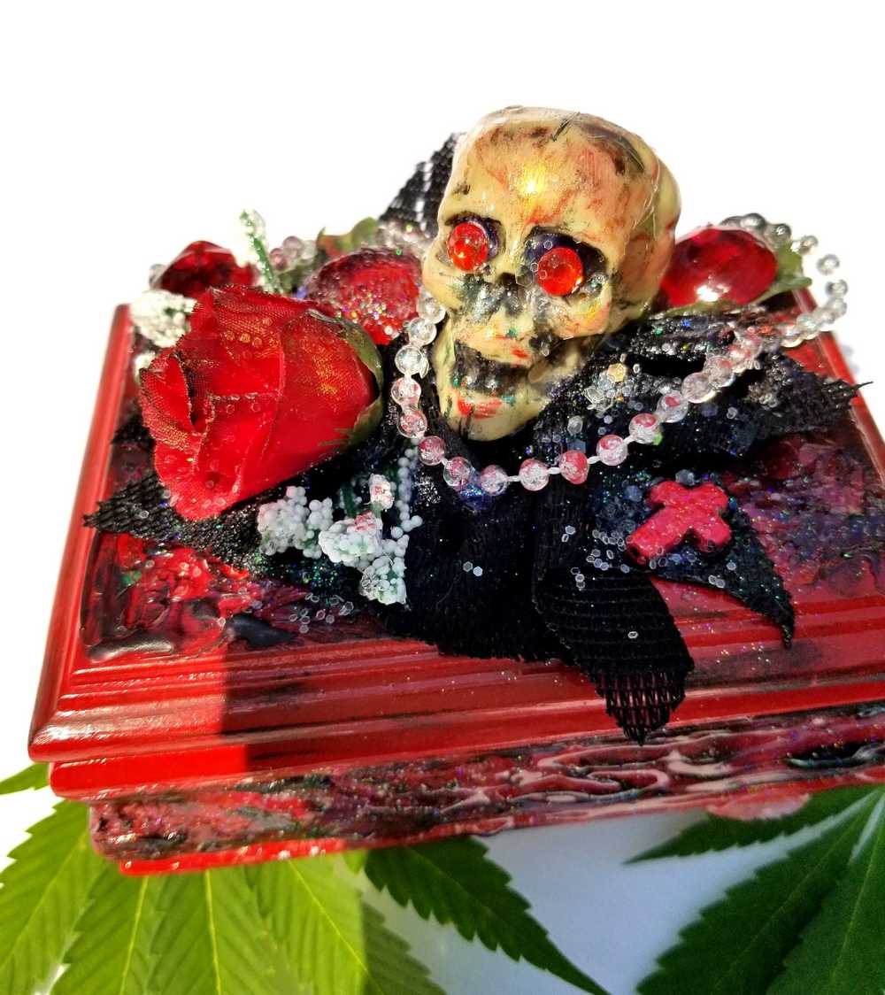 Small Red and Black Jewelry Box with a Skull and a Red Rose