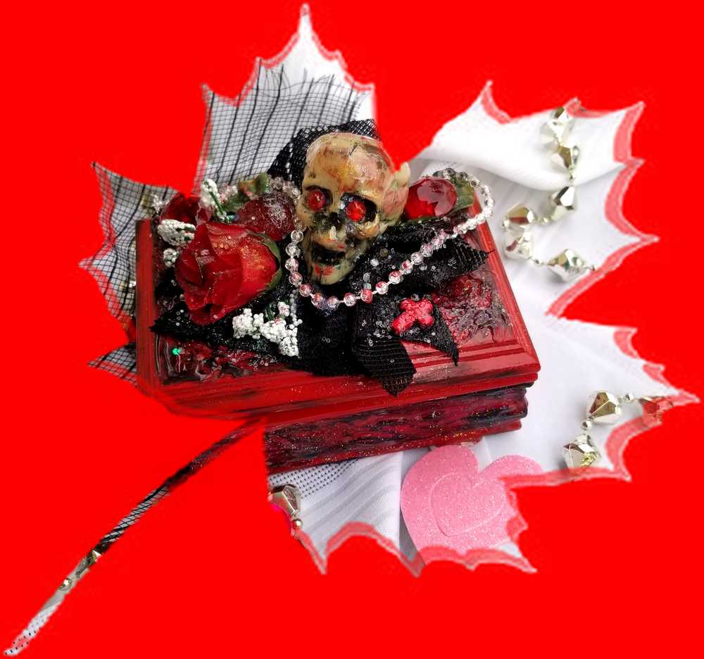 Small Red and Black Jewelry Box with a Skull and a Red Rose