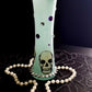 19 cm Tall Teal Colored Glass Vase with Skulls, Spikes and Resin