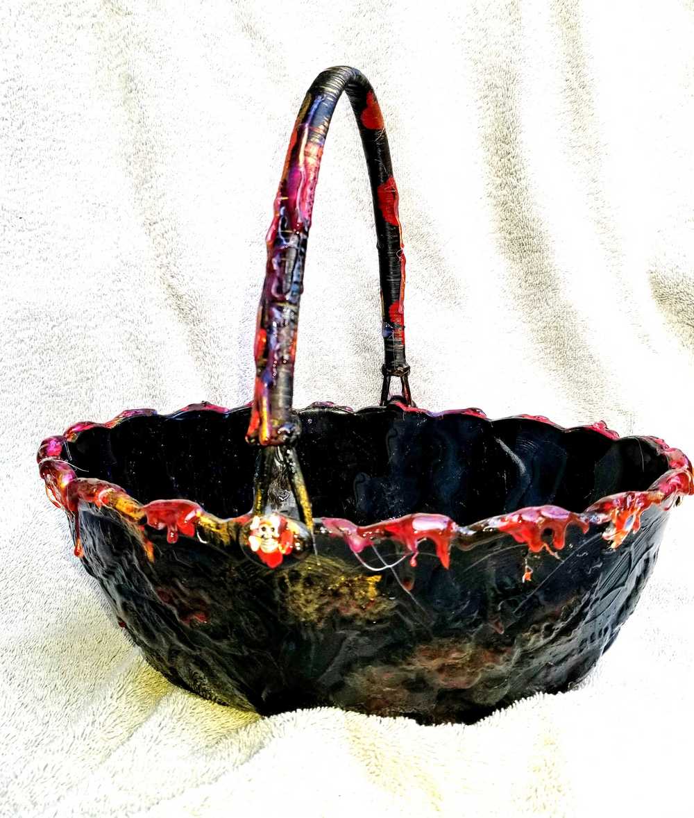 Goth, Altered Vintage Glass Fruit Bowl With Handle and Skull Charms