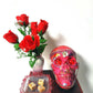 Red Skull and Roses in Resin in a Vintage Candy Dish