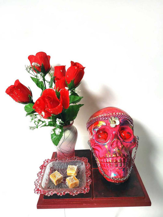 Red Skull and Roses in Resin in a Vintage Candy Dish