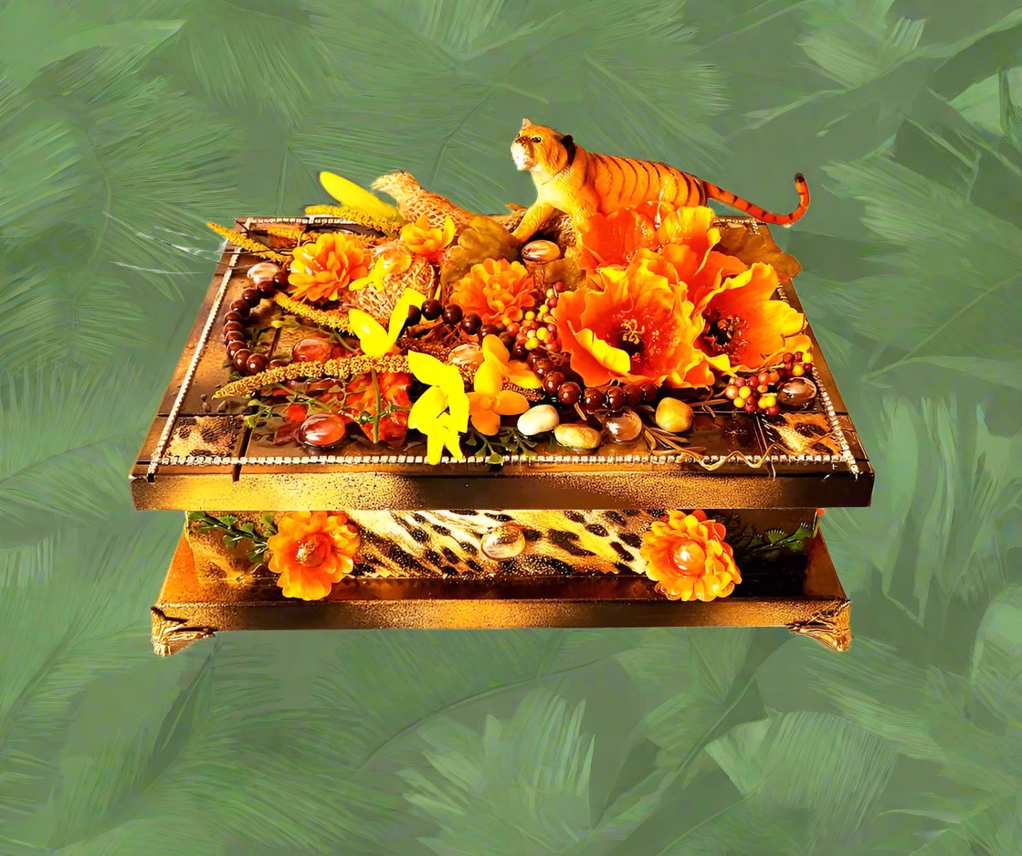 Jewelry Box with Orange & Yellow Flowers and a Tiger, Safari Themed