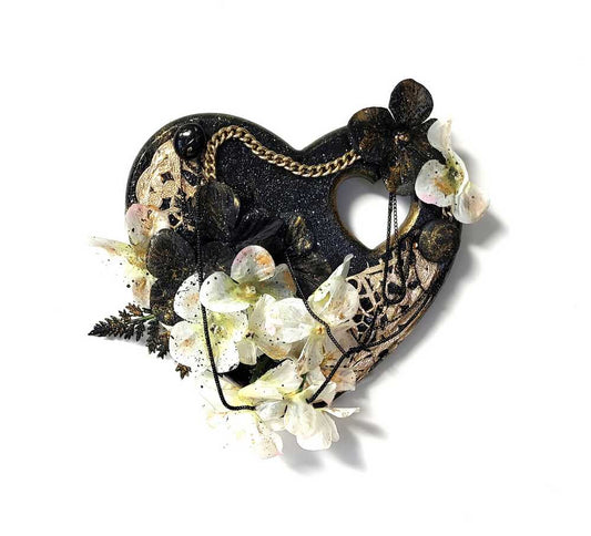 Wooden Heart Wall Plaque, Black and White Flowers, Gold Colored Chains and Paper