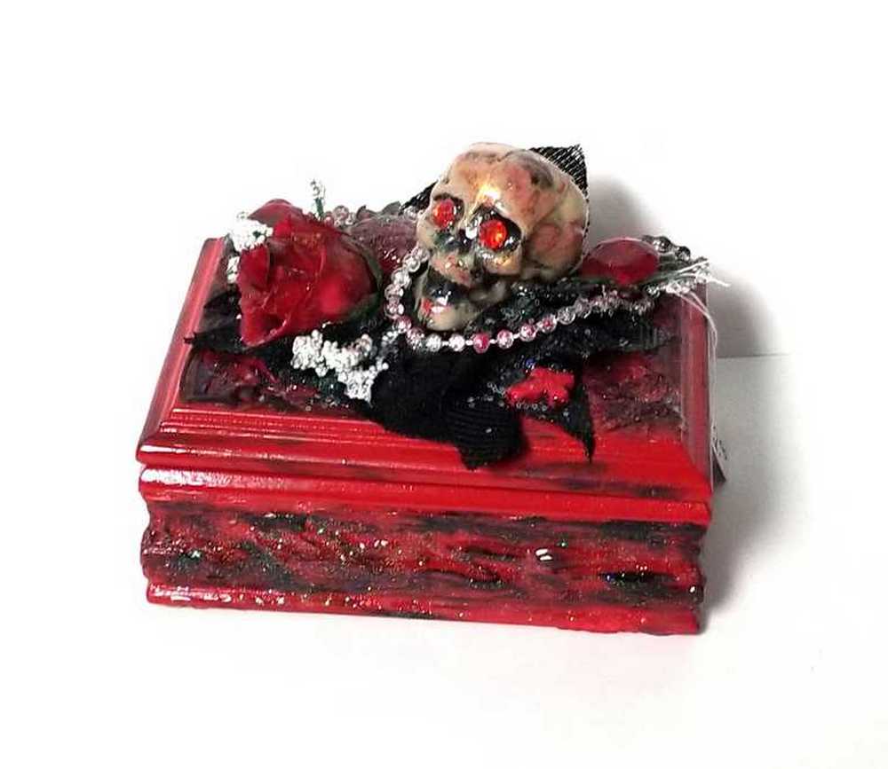 Small Red and Black Jewelry Box with a Skull and a Red Rose