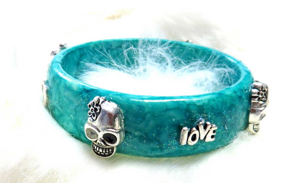 Light Teal Blue Bangle, Bracelet with Skulls and Love Charms