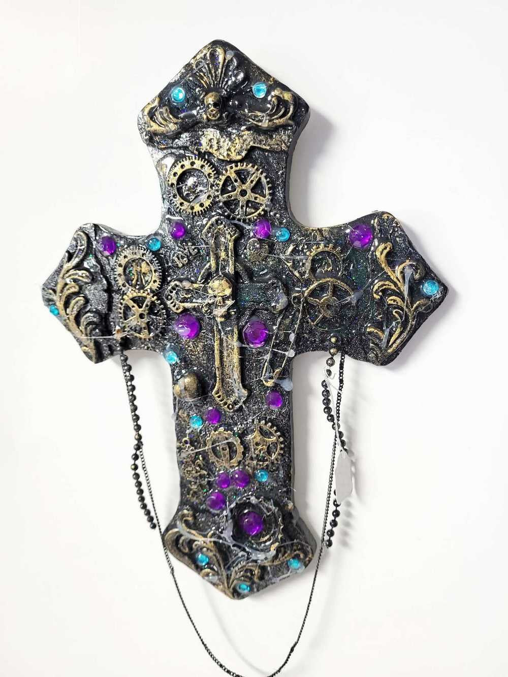 Altered Cross Made of Plaster with Skulls, Gears and Chains